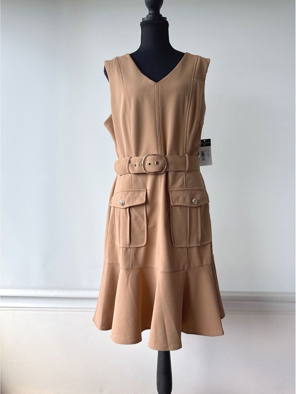 Tahari ASL Womens 12 Tan Belted Utility Dress NWT Sleeveless Flounce Hem